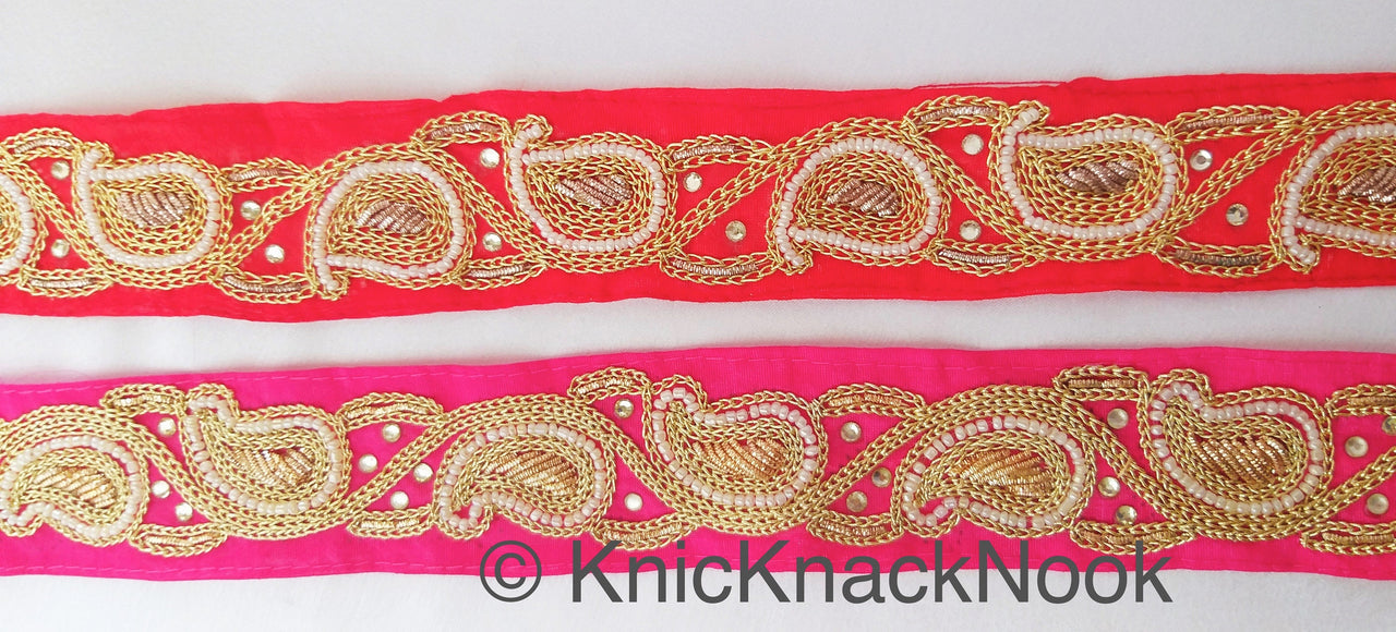 Pink Lace Trim With Floral Zardozi Hand Embroidery And White Beads & Indian Stones Kundan Embellishment, Approx. 40mm, Decorative Trim