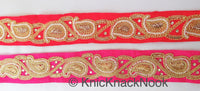 Thumbnail for Pink Lace Trim With Floral Zardozi Hand Embroidery And White Beads & Indian Stones Kundan Embellishment, Approx. 40mm, Decorative Trim