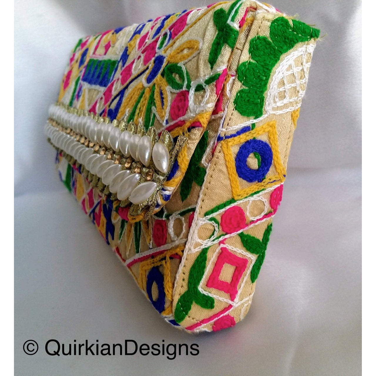 Beige Fabric Clutch Purse With Floral Embroidery In Green, Yellow, Blue And Pink & Pearl Beads Detail, Wedding Clutch, Boho Clutch