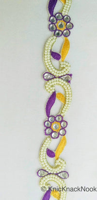 Thumbnail for Floral Embroidered Cutwork Trim, Yellow Embroidery, Beaded Floral Trim