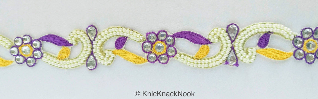 Floral Embroidered Cutwork Trim, Yellow Embroidery, Beaded Floral Trim