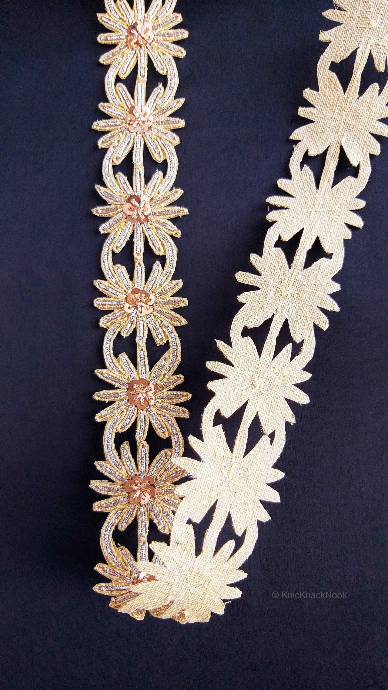 Embroidered Silver And Gold Zardozi Floral Trim, Threadwork Lace, Indian Trim