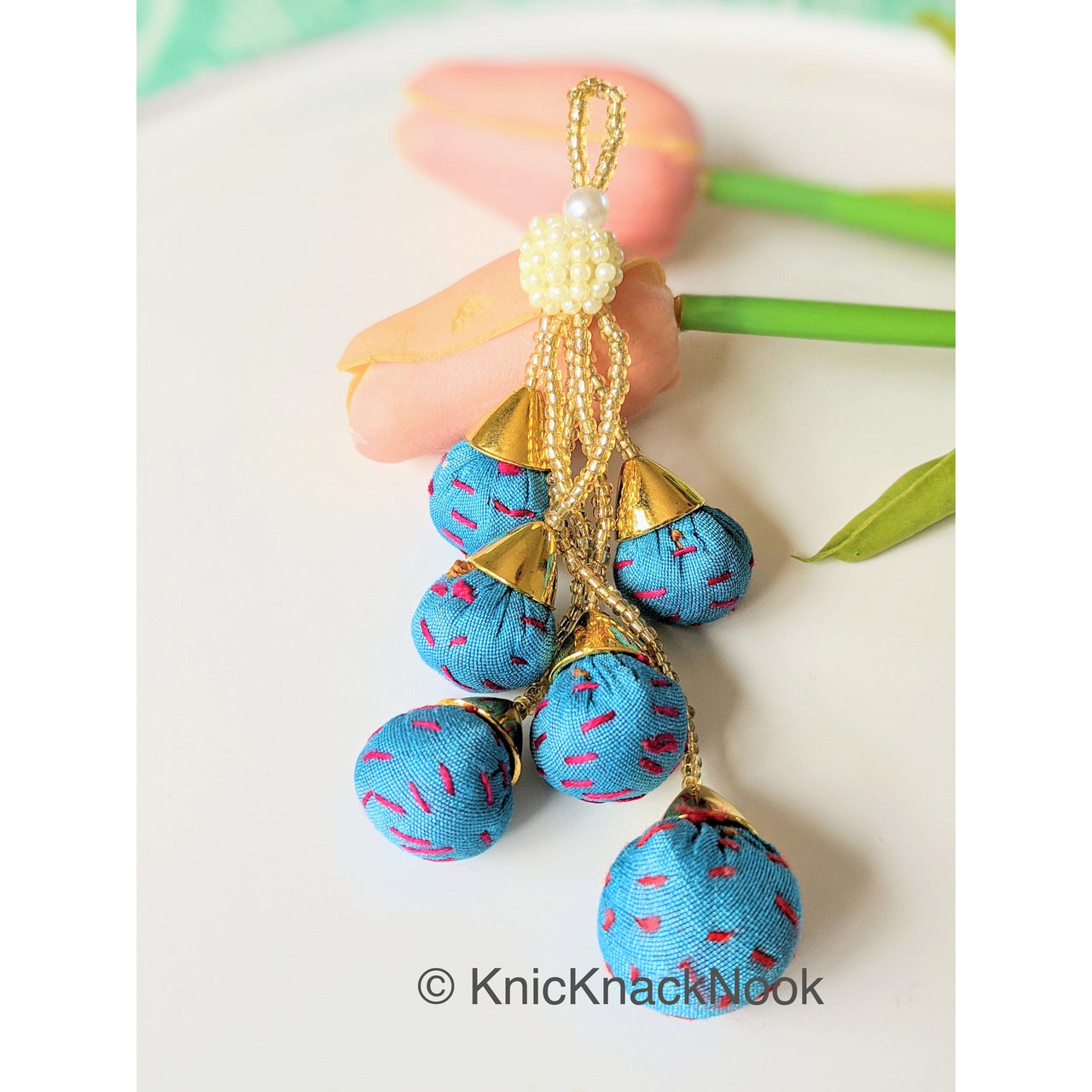 Blue Tassels Art Silk Fabric Balls Bunch, Latkan, Embellishments