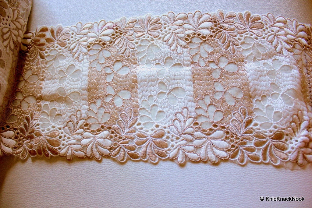 Off White And Light Brown Net Lace Trim With Embroidered Flowers 6 inches wide , Decorative Trim, Upholstery Trim