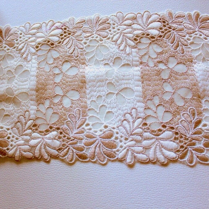 Wholesale Off White And Light Brown Net Lace Trim With Embroidered Flowers 6 inches wide, Decorative Trim, Upholstery Trim