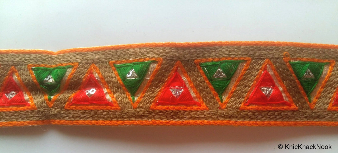 Wholesale Gold Fabric Trim With Green and Orange Triangle Embroidery, Embroidered Trim, 9 Yards