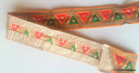 Thumbnail for Wholesale Gold Fabric Trim With Green and Orange Triangle Embroidery, Embroidered Trim, 9 Yards