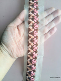 Thumbnail for 8 Yards Sheer Gold Fabric Trim With Coral Floral Thread Embroidery, Embroidered Trim, Crafting Lace