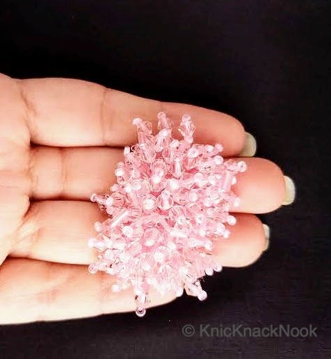 Handmade Pink Beaded Oblong Applique, Sequinned Beads Applique Motif