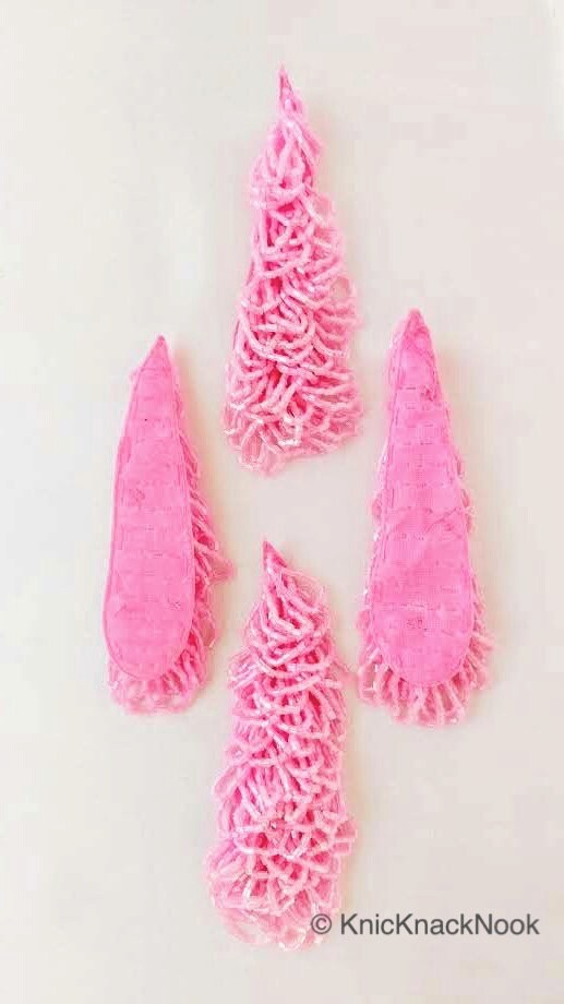 Handmade Pink Beaded Teardrop Applique, Beads Sew On Applique Motif