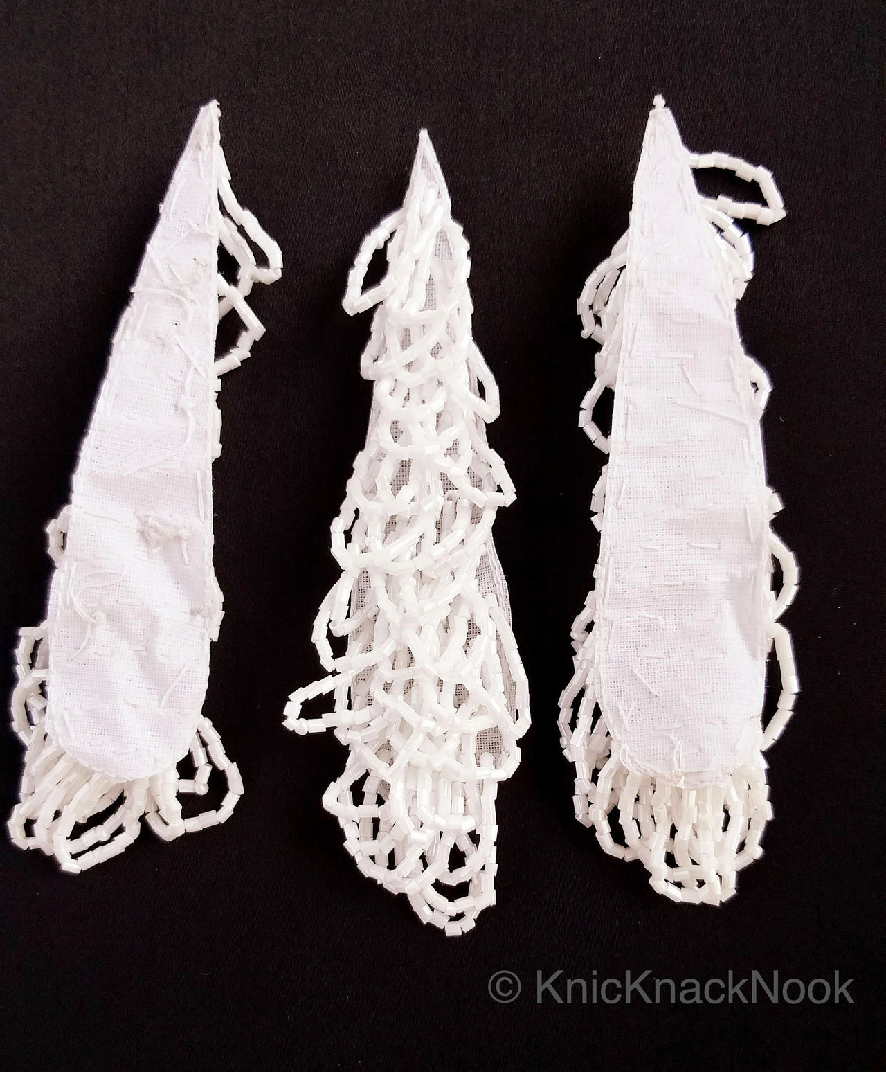 Handmade White Beaded Teardrop Applique, Beads Sew On Applique Motif