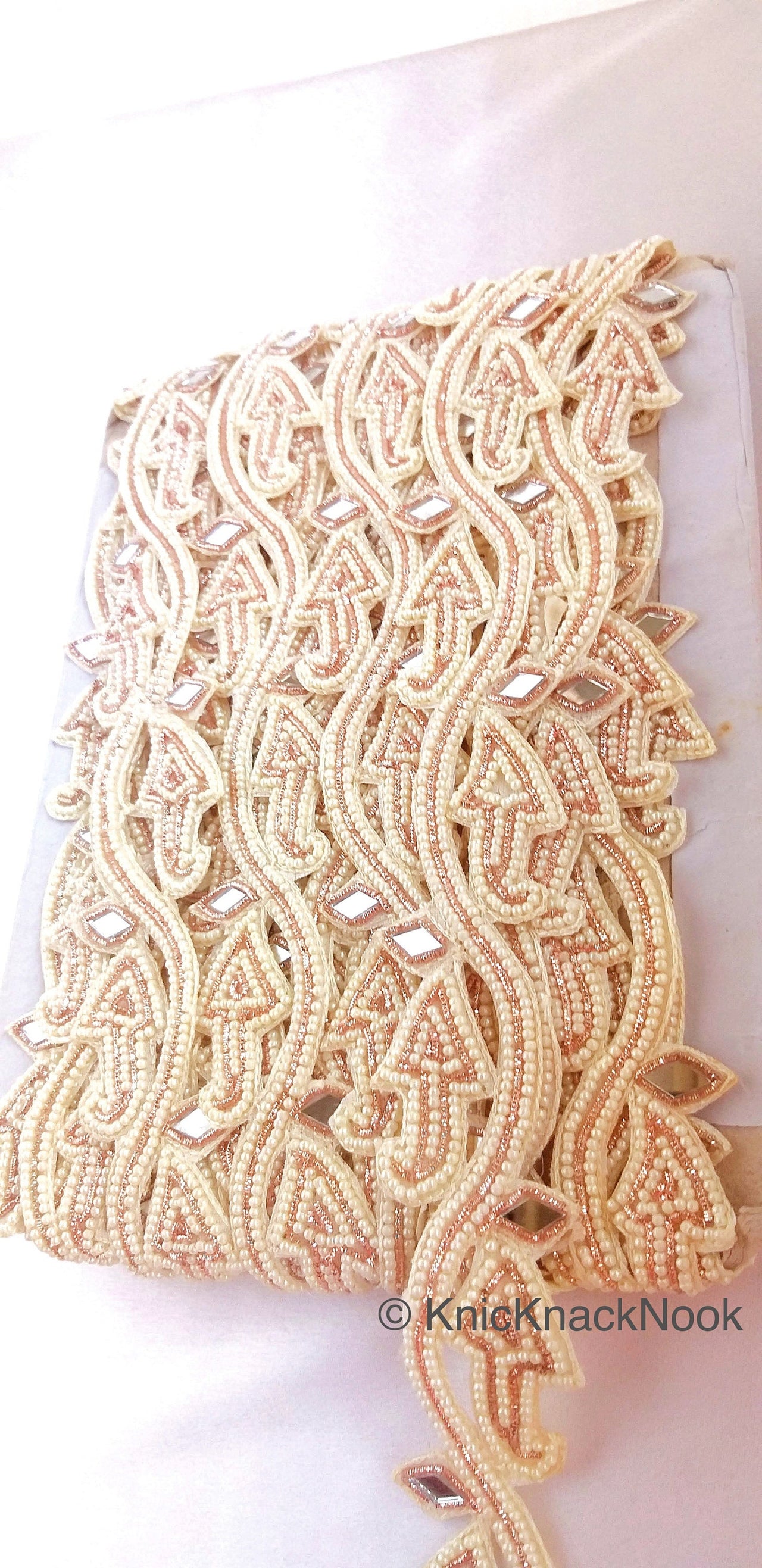 Handmade Cutwork Trim, Ivory Beaded Mirrored Trimming, Approx. 40mm Wide