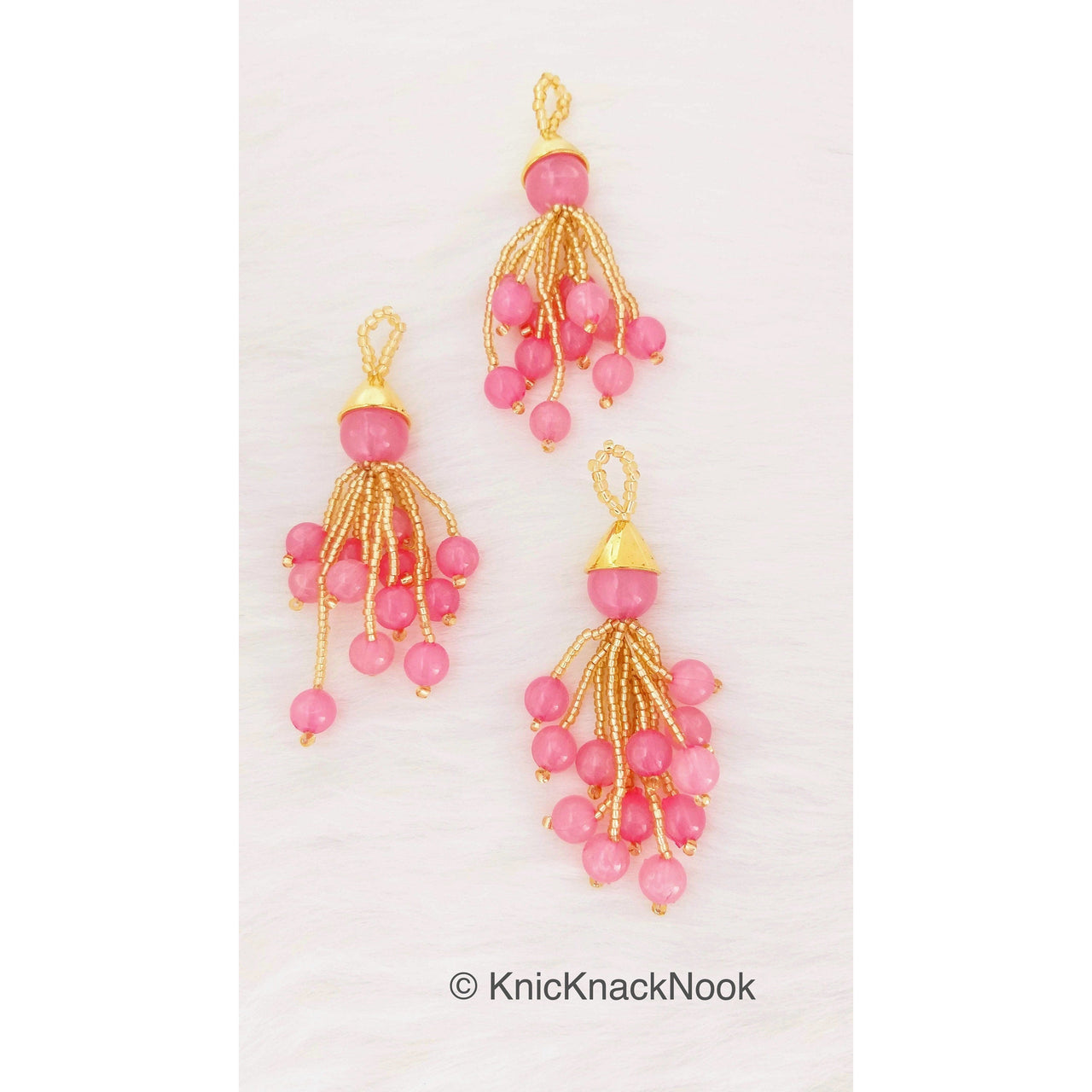 Pink Beads Tassels Latkan, Indian Antique Distressed Latkans, Gold Beaded Danglers