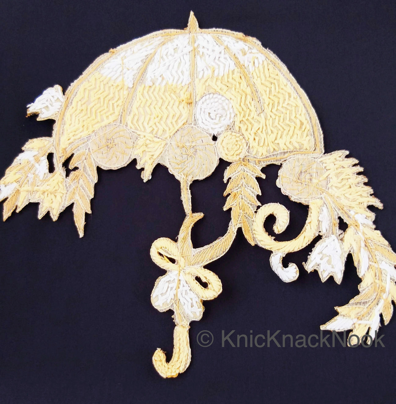 Hand Embroidered Umbrella Applique With Zardozi And Gold Sequins Embroidery, Appliqué Patch, Beige Indian Motif