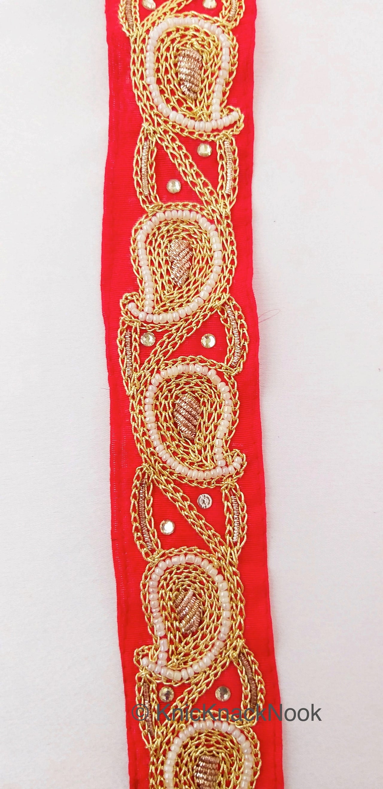 Red Lace Trim With Floral Zardozi Hand Embroidery And White Beads & Indian Stones Kundan Embellishment, Approx. 40mm, Decorative Trim