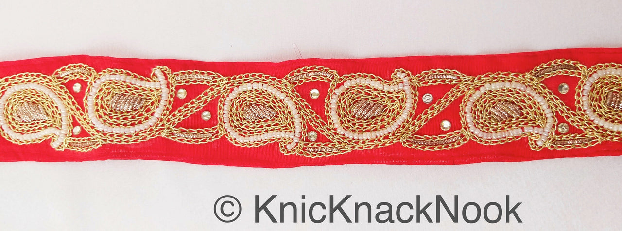 Red Lace Trim With Floral Zardozi Hand Embroidery And White Beads & Indian Stones Kundan Embellishment, Approx. 40mm, Decorative Trim