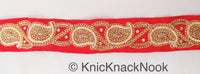 Thumbnail for Red Lace Trim With Floral Zardozi Hand Embroidery And White Beads & Indian Stones Kundan Embellishment, Approx. 40mm, Decorative Trim