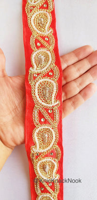 Thumbnail for Red Lace Trim With Floral Zardozi Hand Embroidery And White Beads & Indian Stones Kundan Embellishment, Approx. 40mm, Decorative Trim