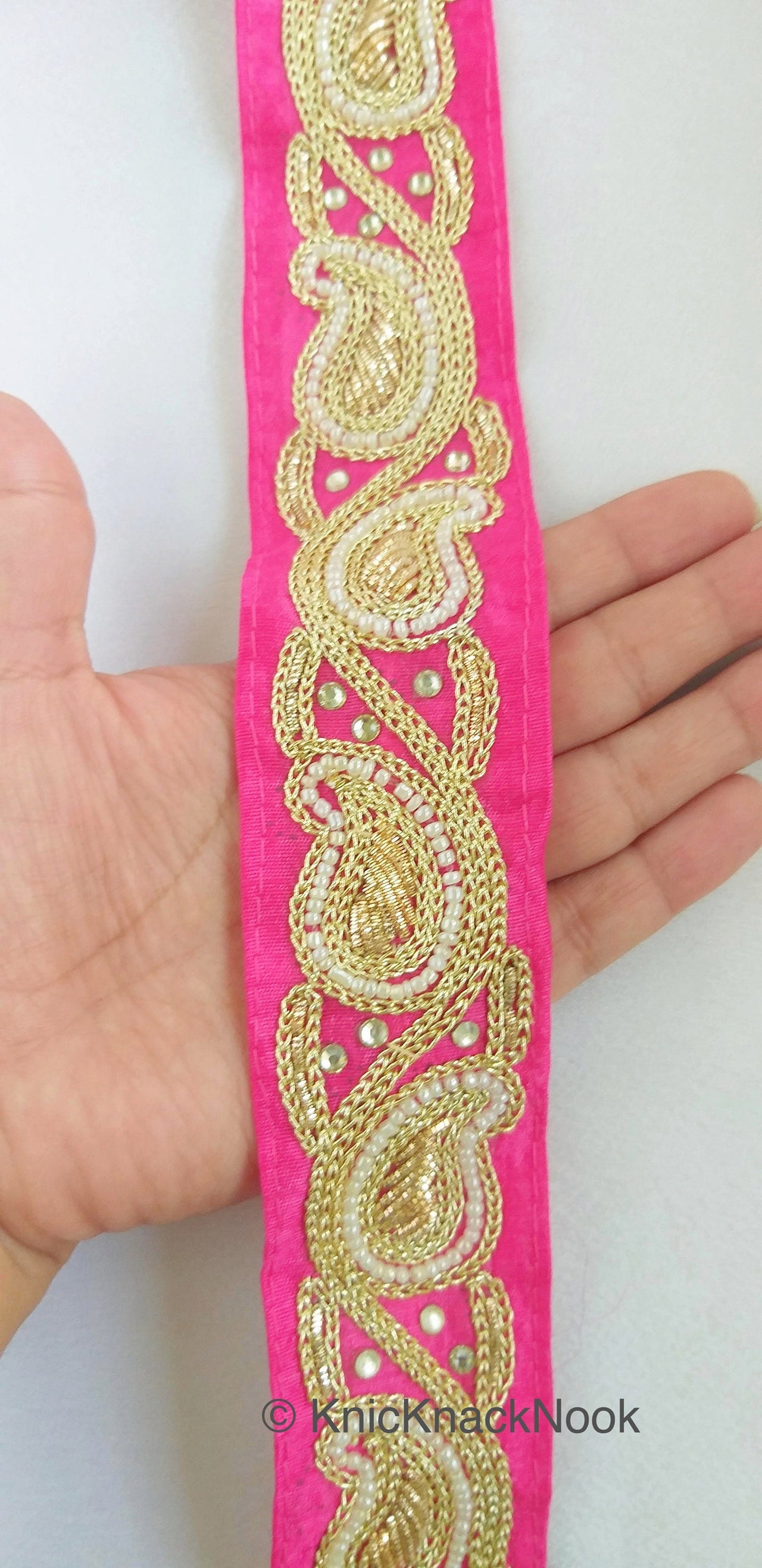 Pink Lace Trim With Floral Zardozi Hand Embroidery And White Beads & Indian Stones Kundan Embellishment, Approx. 40mm, Decorative Trim