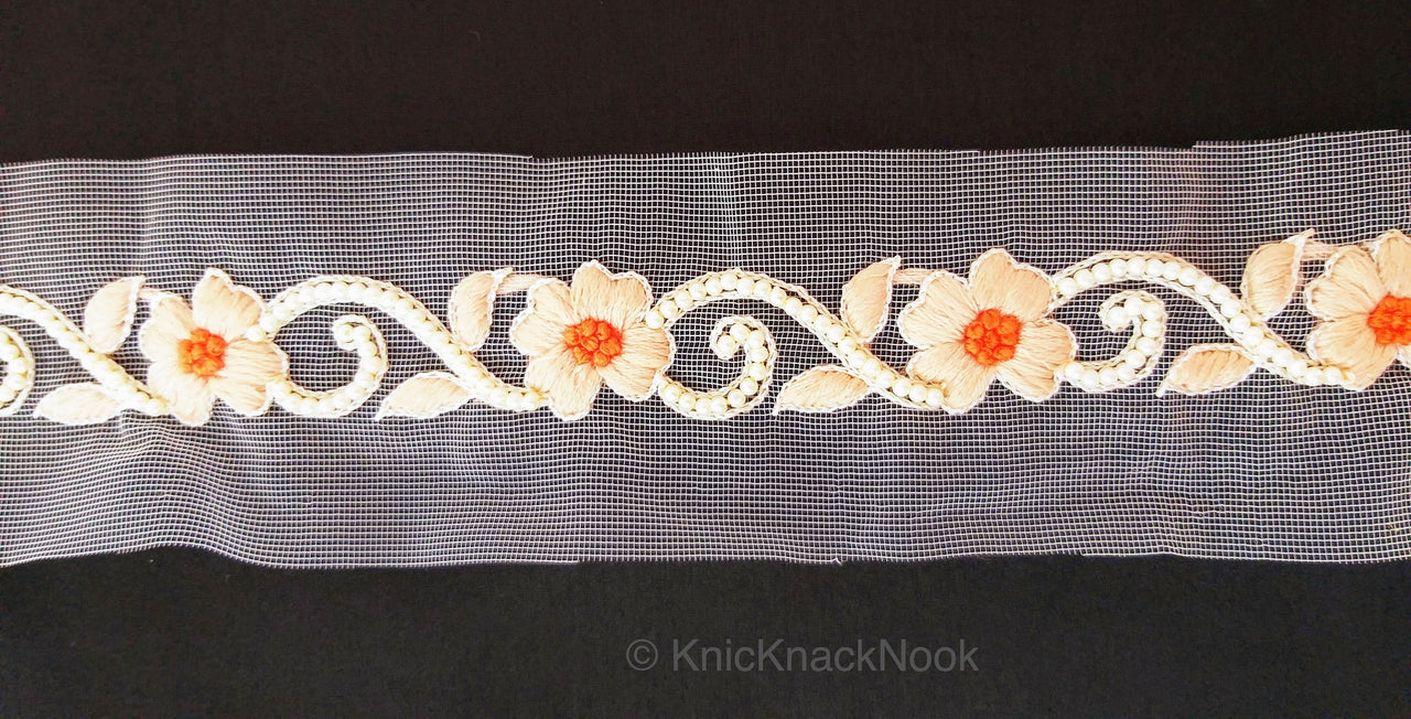 Beige Net Trim With Floral Embroidery, Pearl Beads Trim, Beaded Trim