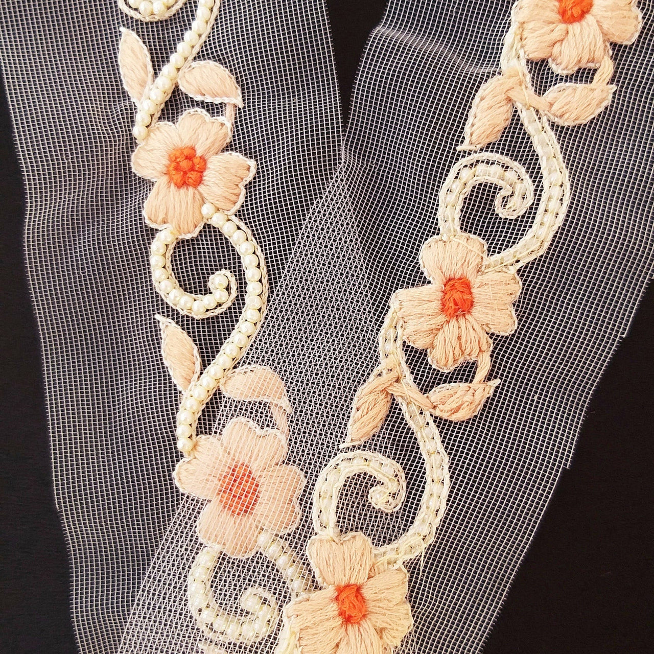Beige Net Trim With Floral Embroidery, Pearl Beads Trim, Beaded Trim