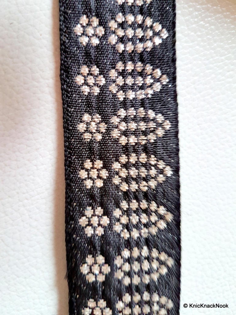 Silver And Black Flowers Embroidery Lace Trim, Indian Laces, Indian Trims