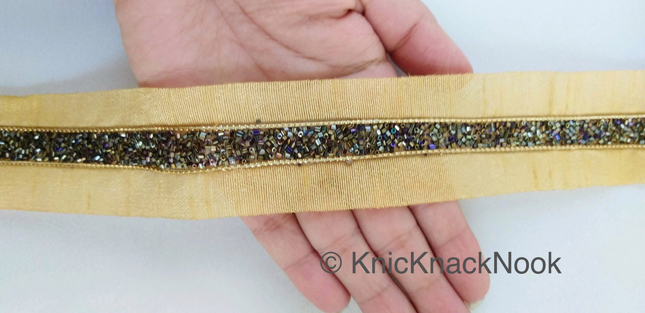 Antique Gold Beige Fabric Trim With Beads Embellishments, Beaded Trim, Approx. 50mm