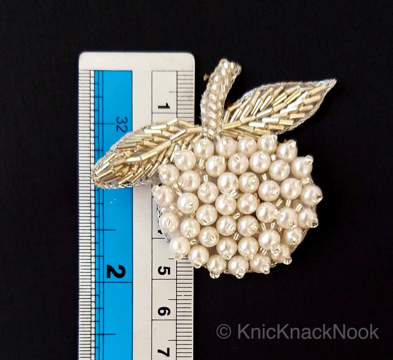 Hand Embroidered White Fruit Applique, White Pearl Beads Applique Orange Motif In Pearls, Kids Applique Patch