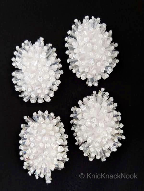 Handmade White Beaded Oblong Applique, Sequinned Beads Applique Motif