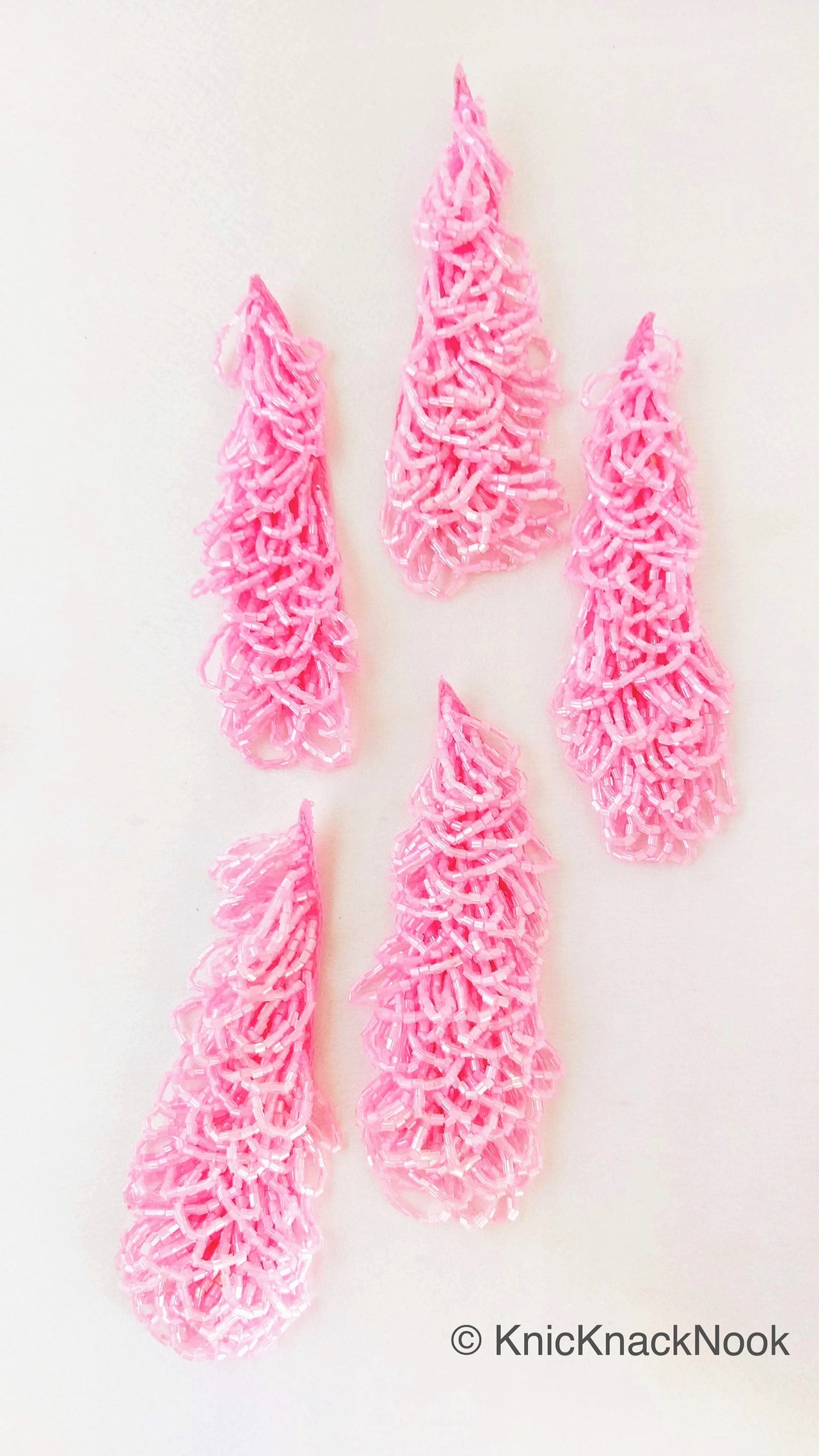 Handmade Pink Beaded Teardrop Applique, Beads Sew On Applique Motif