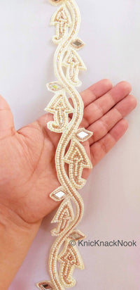 Thumbnail for Handmade Cutwork Trim, Ivory Beaded Mirrored Trimming, Approx. 40mm Wide