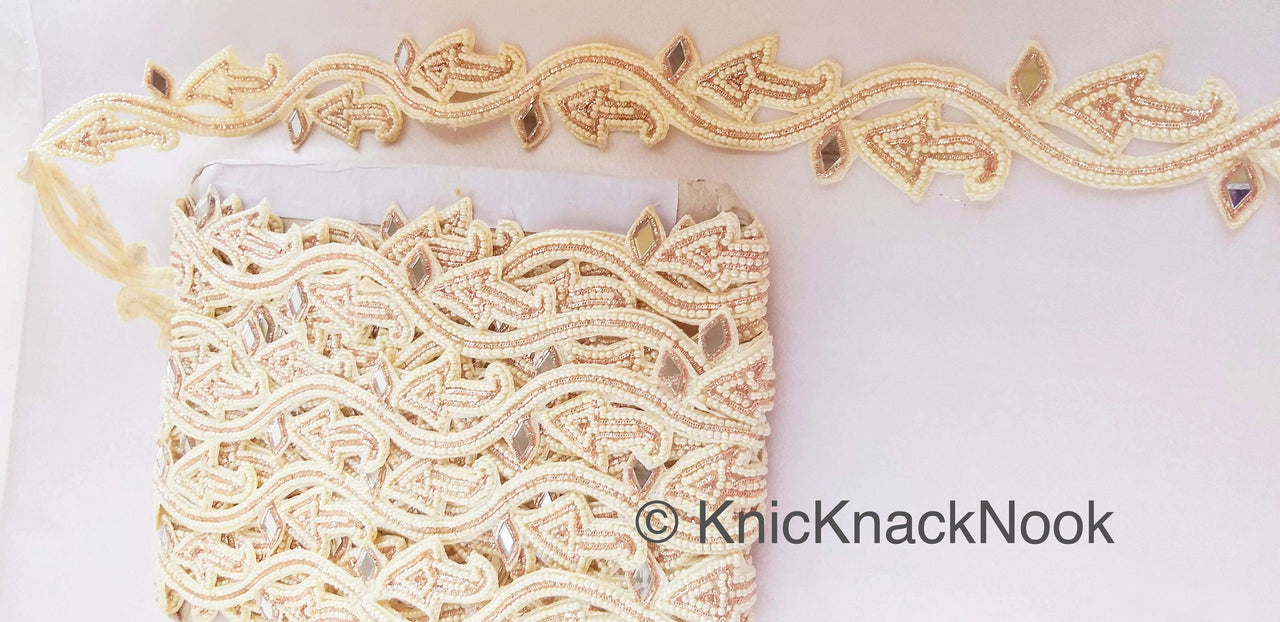 Handmade Cutwork Trim, Ivory Beaded Mirrored Trimming, Approx. 40mm Wide