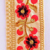 Thumbnail for Beige Art Silk Trim With Gold And Red Embroidered Flowers Trim, Floral Embroidered Trim, Decorative Trim