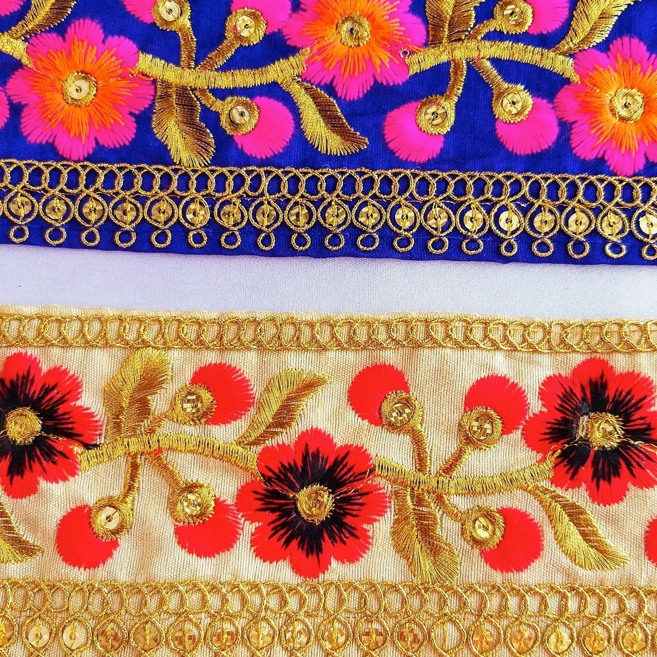 Beige Art Silk Trim With Gold And Red Embroidered Flowers Trim, Floral Embroidered Trim, Decorative Trim