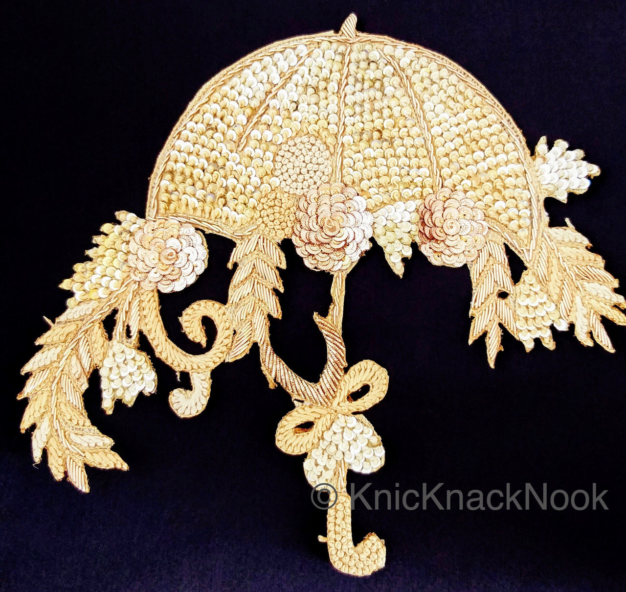 Hand Embroidered Umbrella Applique With Zardozi And Gold Sequins Embroidery, Appliqué Patch, Tan Brown Indian Motif