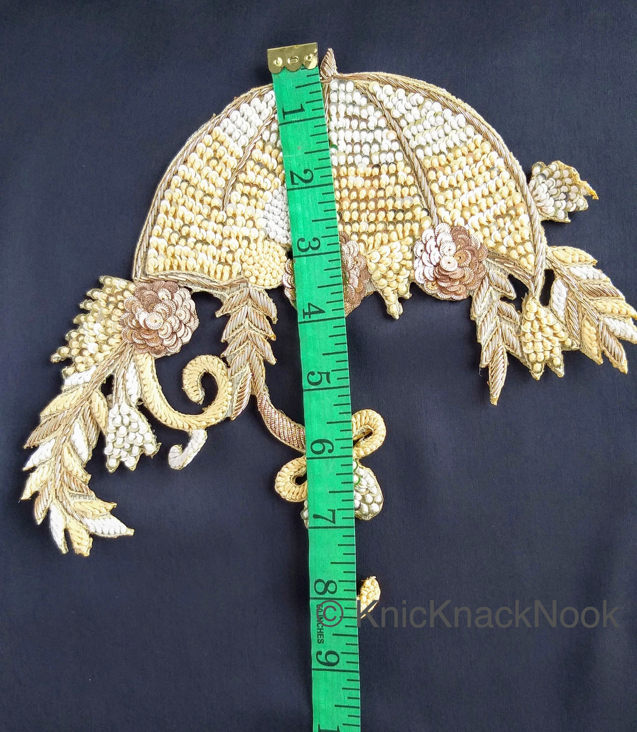 Hand Embroidered Umbrella Applique With Zardozi And Gold Sequins Embroidery, Appliqué Patch, Beige Indian Motif