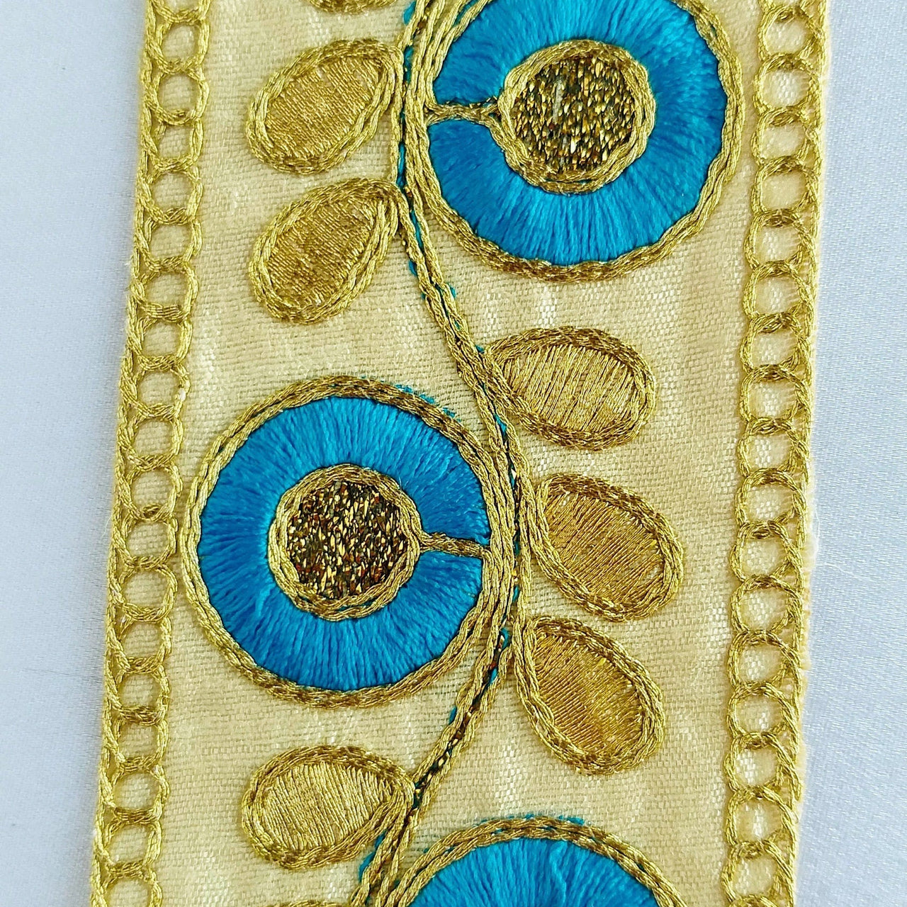 Beige Art Silk Trim With Blue & Gold Embroidered Flowers Trim, Floral Embroidered Trim, Decorative Trim