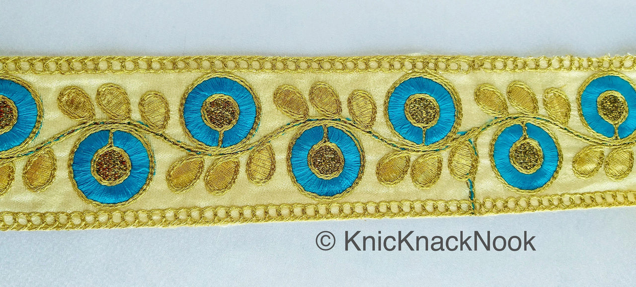 Beige Art Silk Trim With Blue & Gold Embroidered Flowers Trim, Floral Embroidered Trim, Decorative Trim