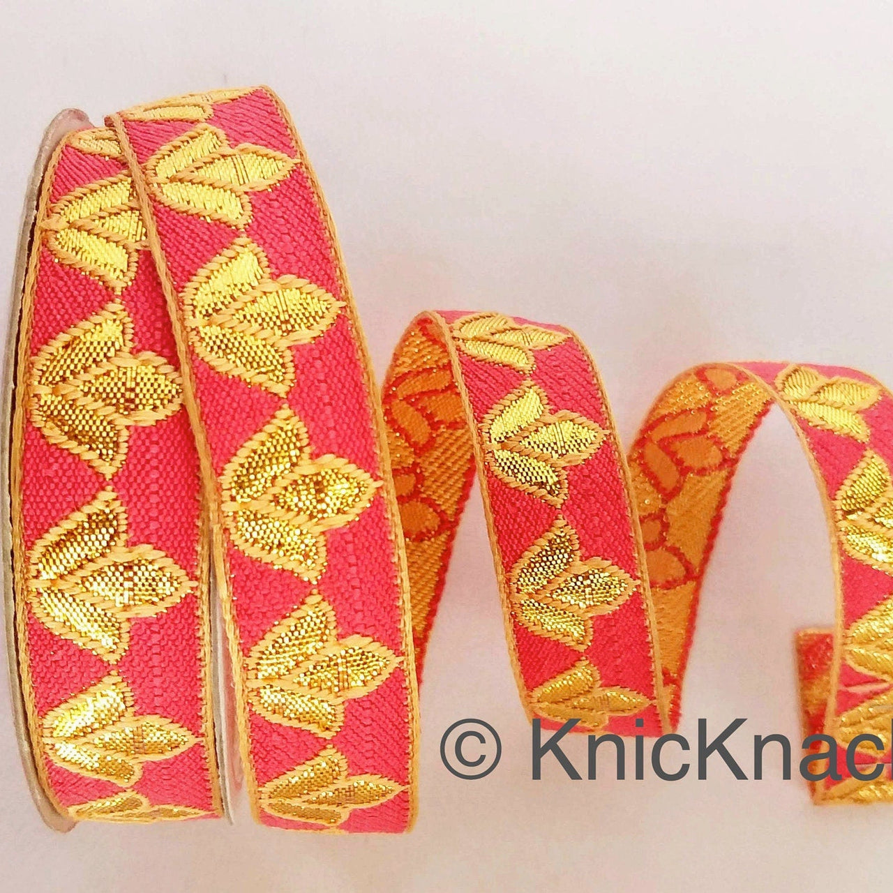 Salmon Pink and Gold Floral Jacquard Trim, Trim By 4 Yards, Craft Decorative Ribbon