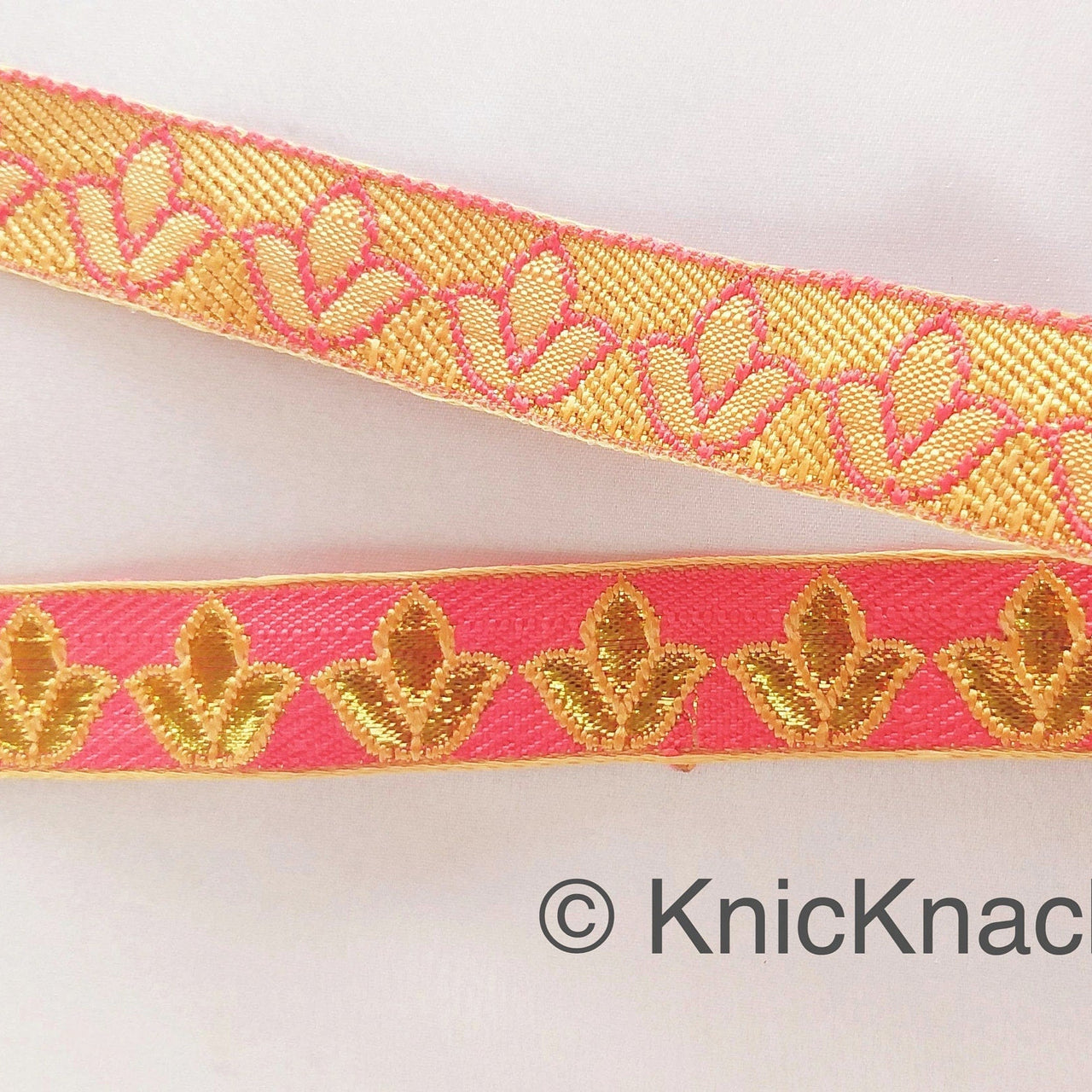 Salmon Pink and Gold Floral Jacquard Trim, Trim By 4 Yards, Craft Decorative Ribbon