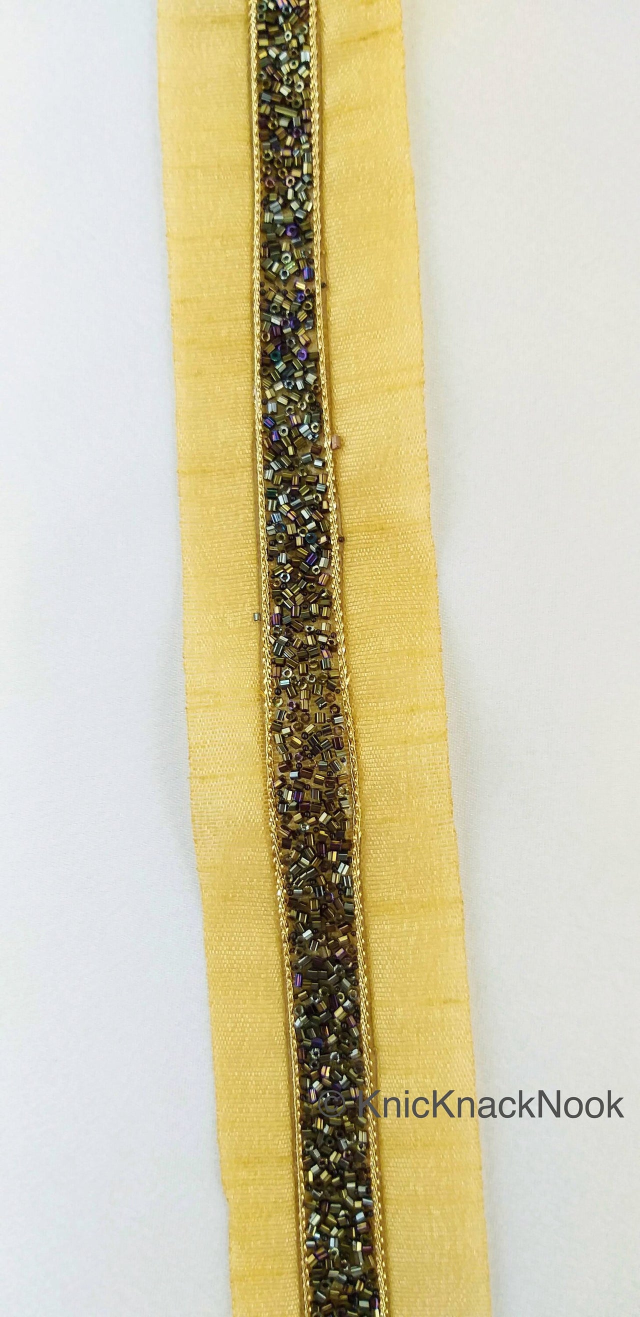Antique Gold Beige Fabric Trim With Beads Embellishments, Beaded Trim, Approx. 50mm