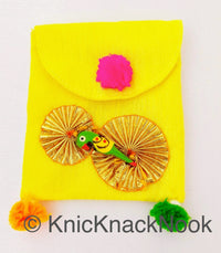Thumbnail for Yellow Gift Envelope Pouch Embellished PomPoms Gold Ribbon Wood Parrot Designer Unique Gift Money Envelope Wedding Gift