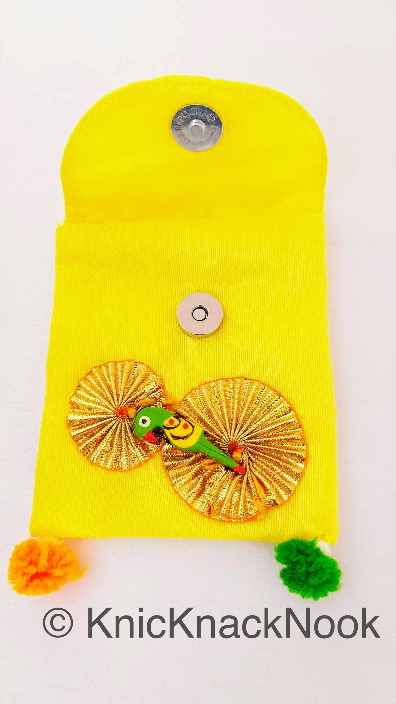 Yellow Gift Envelope Pouch Embellished PomPoms Gold Ribbon Wood Parrot Designer Unique Gift Money Envelope Wedding Gift