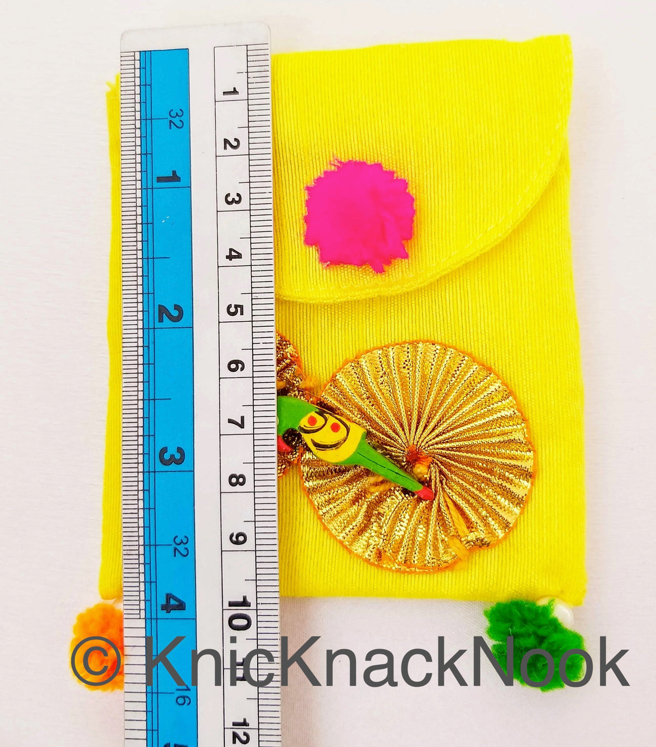 Yellow Gift Envelope Pouch Embellished PomPoms Gold Ribbon Wood Parrot Designer Unique Gift Money Envelope Wedding Gift