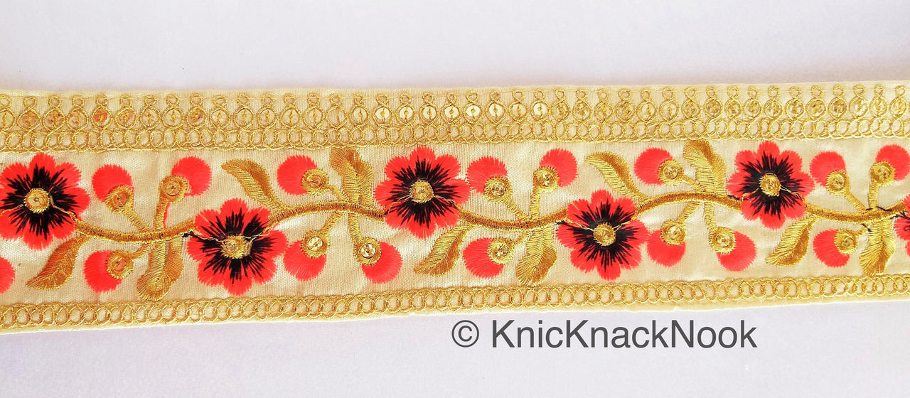 Beige Art Silk Trim With Gold And Red Embroidered Flowers Trim, Floral Embroidered Trim, Decorative Trim