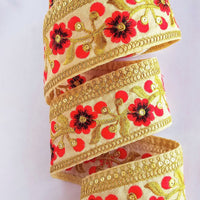 Thumbnail for Beige Art Silk Trim With Gold And Red Embroidered Flowers Trim, Floral Embroidered Trim, Decorative Trim
