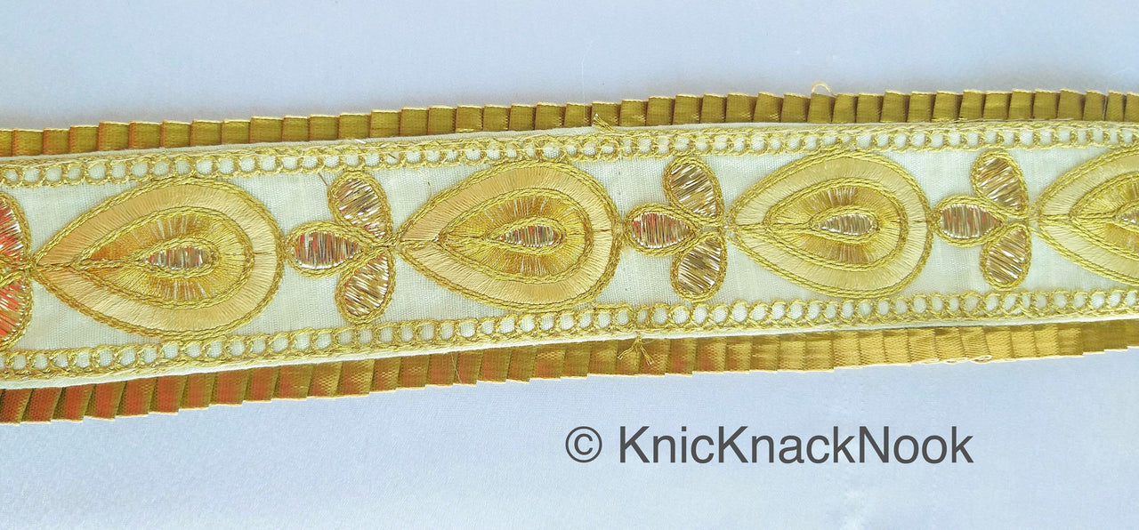 Beige Art Silk Trim With Antique Gold Embroidered Trim, Floral Embroidered Trim, Decorative Trim