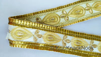 Thumbnail for Beige Art Silk Trim With Antique Gold Embroidered Trim, Floral Embroidered Trim, Decorative Trim