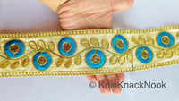 Thumbnail for Beige Art Silk Trim With Blue & Gold Embroidered Flowers Trim, Floral Embroidered Trim, Decorative Trim