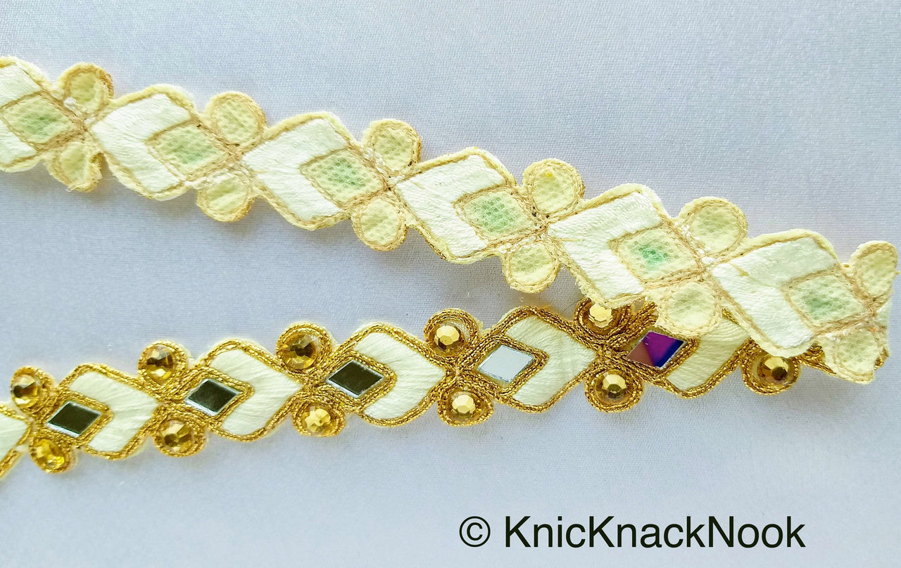 Off White And Gold Thread Lace Trim With Beads And Mirrors Embellishments Approx. 22mm, Decorative Fashion Trim Sari Border Trim by 9 Yards